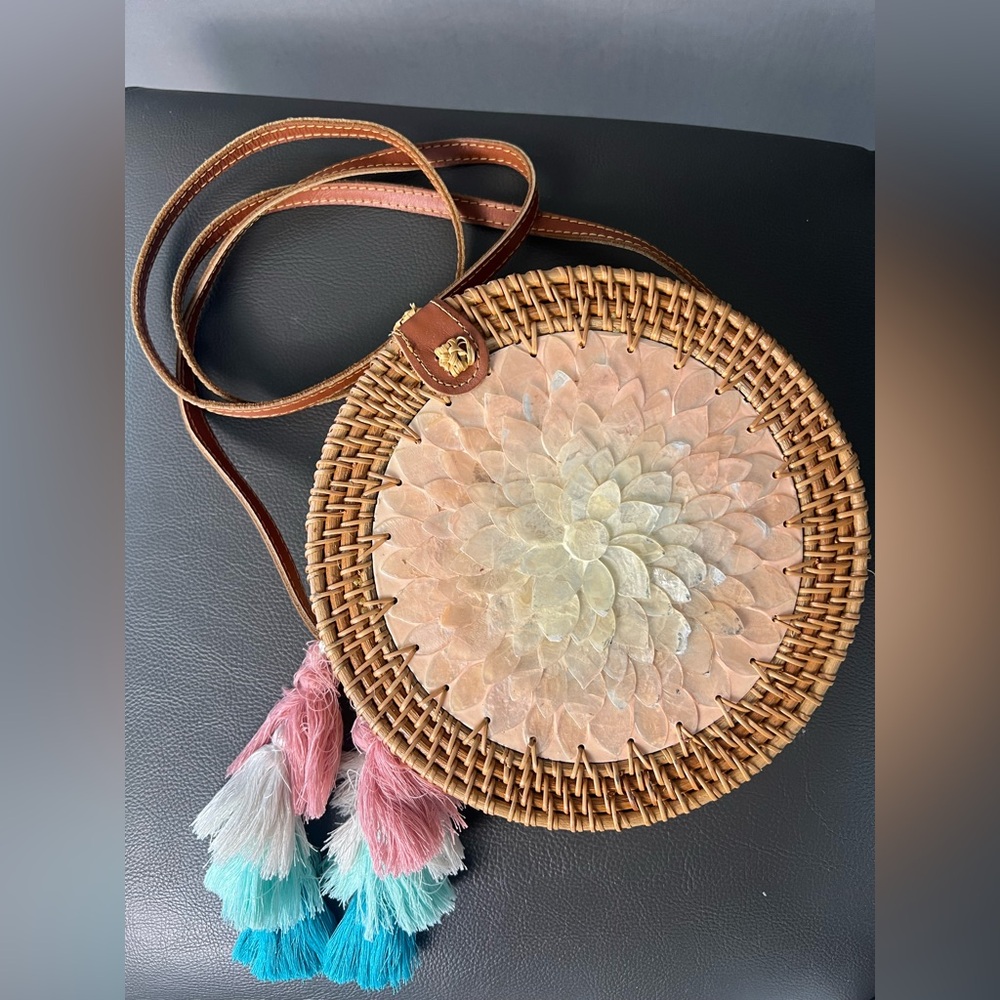 Round Woven Bag with Floral Design